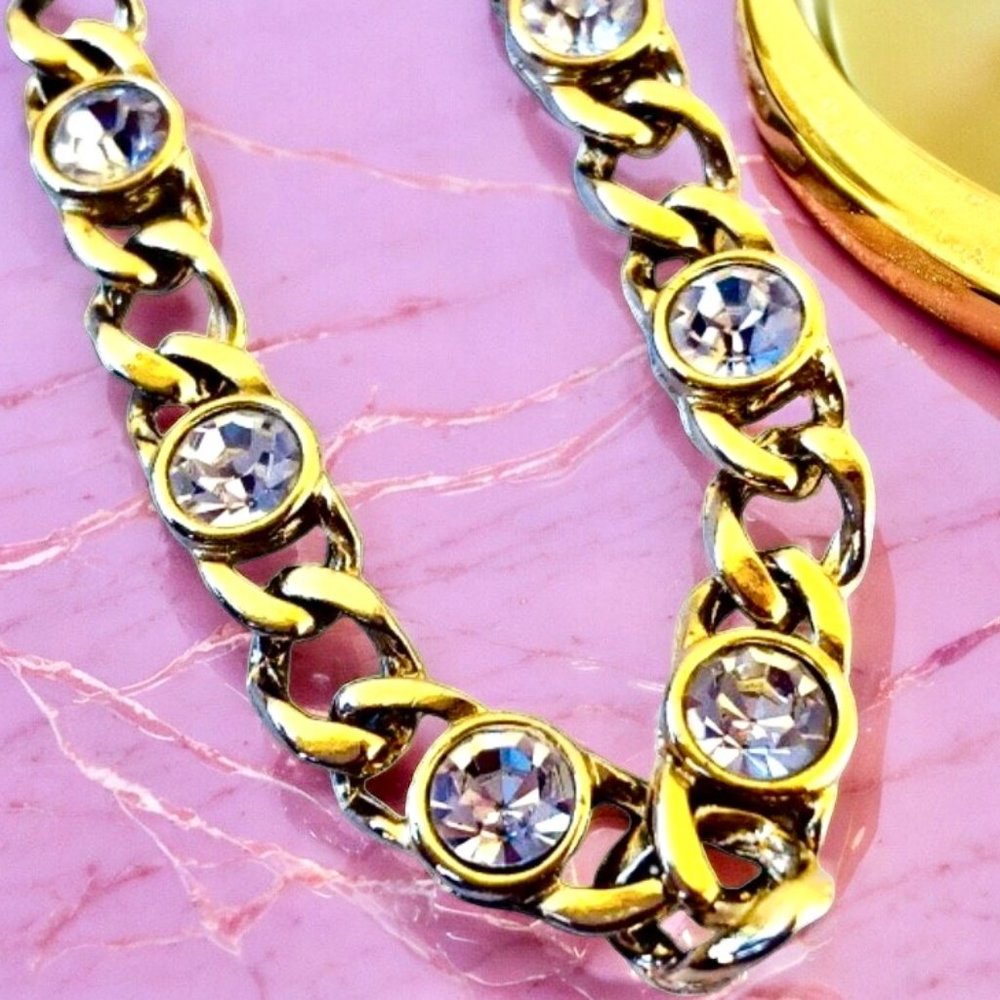 Vintage Gilt Metal Bracelet With Brilliant Faceted Rhinestones Made in USA
